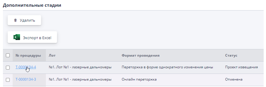 Дополнительные стадии по лоту