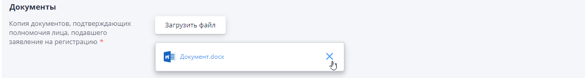 Удаление файла в заявке на регистрацию